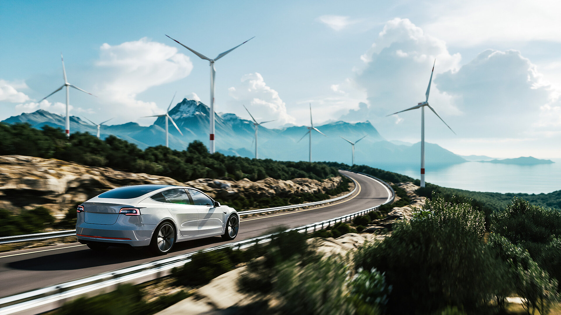 Electric car drive on the wind turbines background