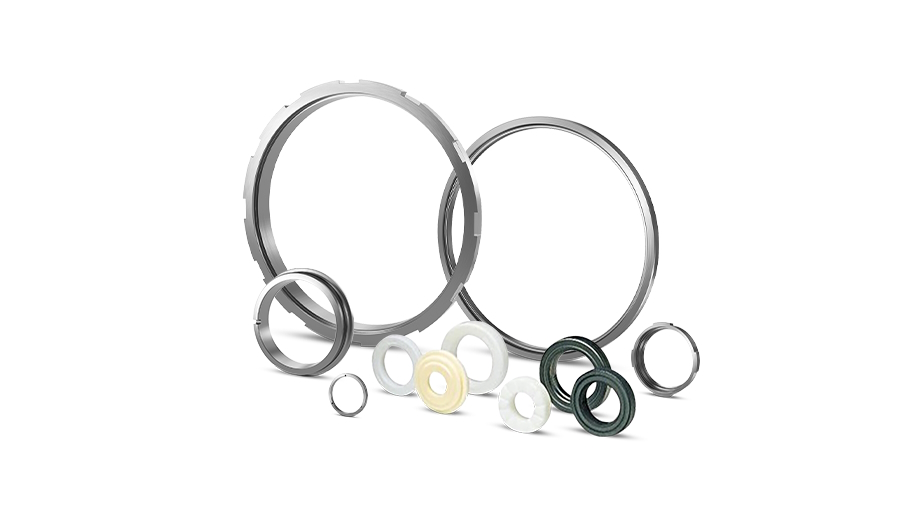 Sealing components for industrial pumps on white background